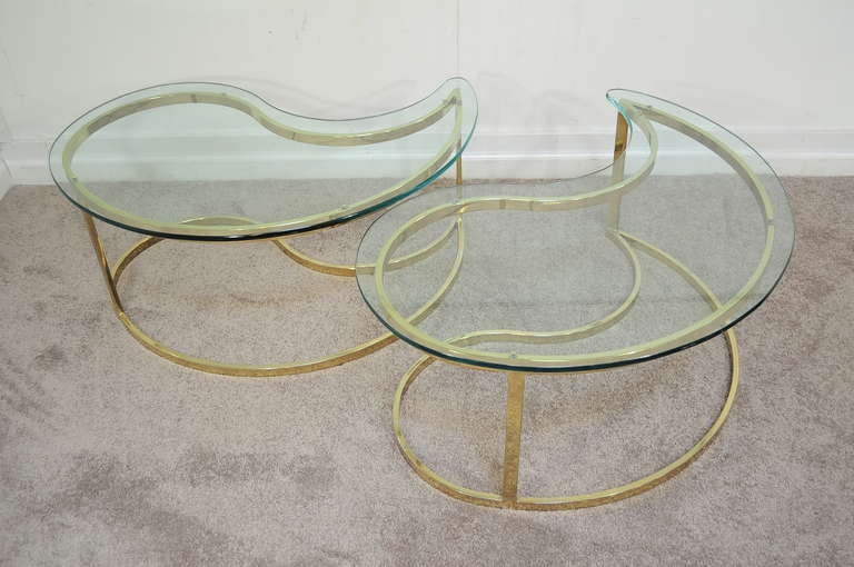 Glass Pair Hollywood Regency Yin Yang Brass Plated End / Coffee Tables