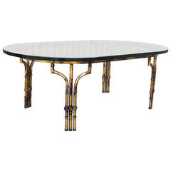 Hollywood Regency Antiqued Gold Gilt Metal Faux Bamboo Glass Top Coffee Table