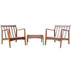 Pair Royal Danish Collection Sculpted Lounge Chairs & Ottoman after Poul Jensen