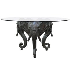 Remarkable Patinated, Cast Bronze Triple Elephant Base Dining or Center Table