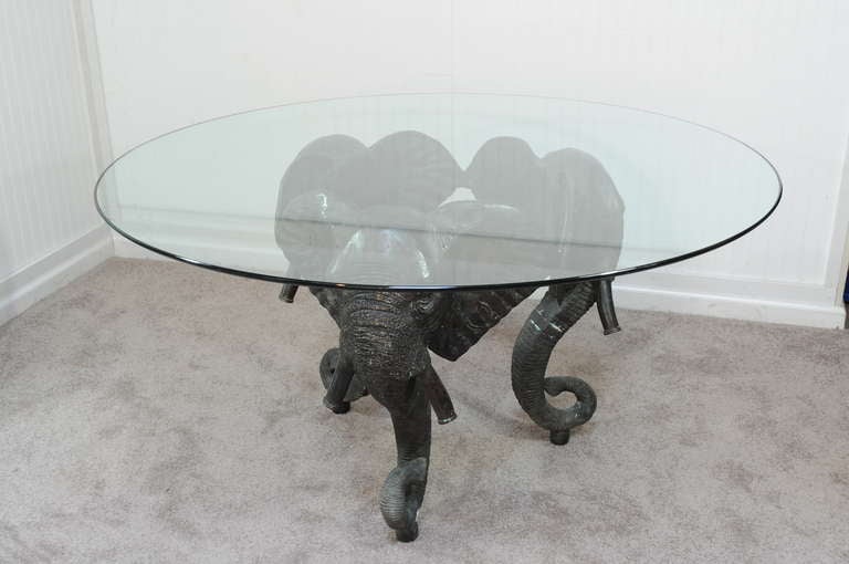 Remarkable Patinated, Cast Bronze Triple Elephant Base Dining or Center Table 1