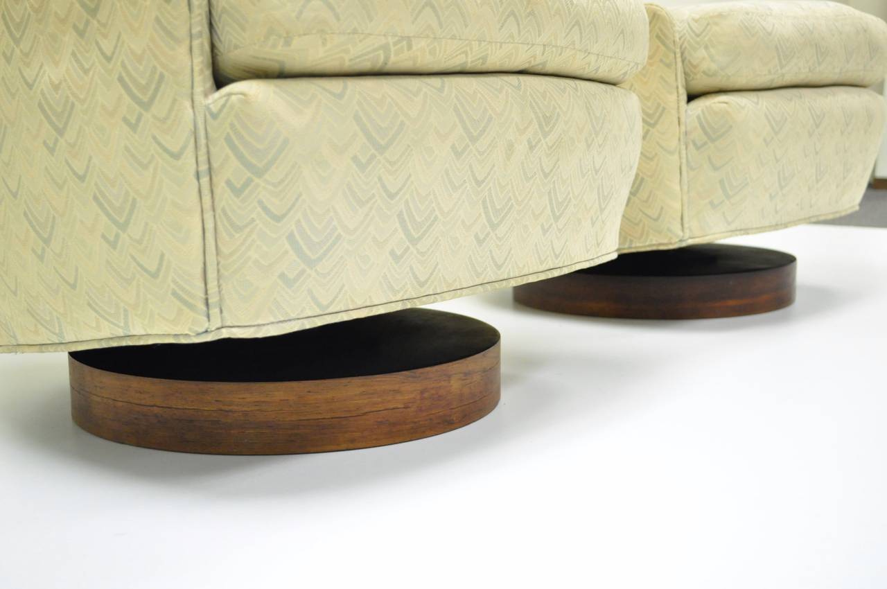 Fabric Pair of Petite Swivel Slipper Walnut Lounge Chairs by Milo Baughman