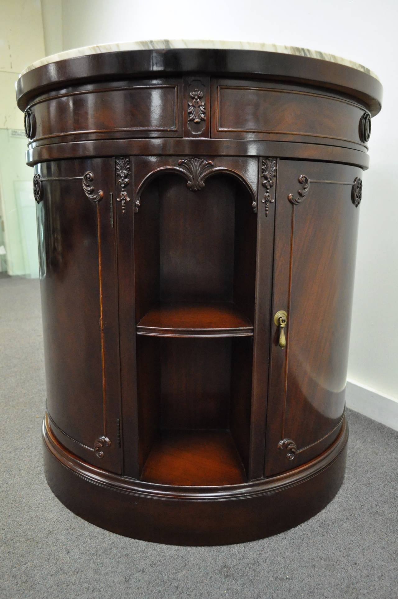 Custom Georgian Style Marble-Top, Carved Mahogany Swivel Bar Cabinet 1