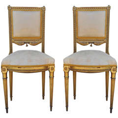 Antique French Louis XVI Style Gold Gilt Wood Tassel Decorated Boudoir Chairs