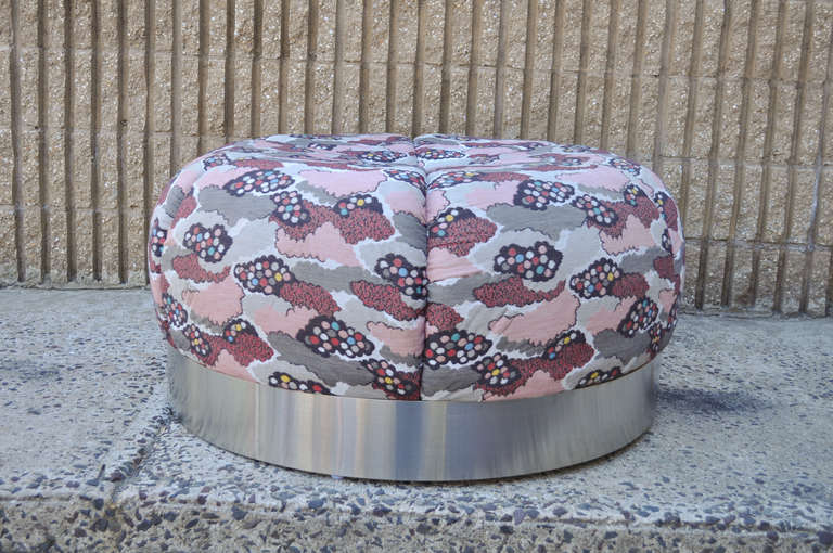 Mid-Century Modern Vintage Round Tufted Steel Chrome Souffle Style Ottoman after Karl Springer