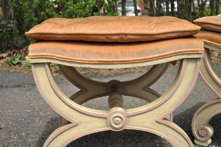 Hollywood Regency Pair of Italian Regency Style Curule X-Frame Benches Pink and Cream Stool