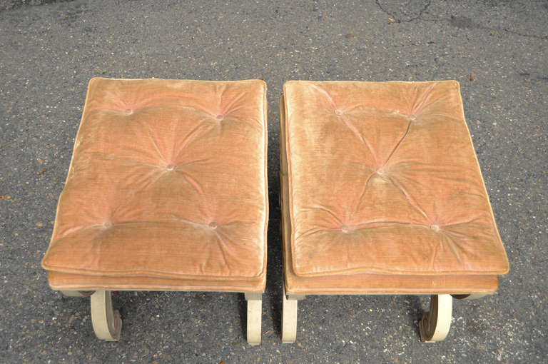 Mid-20th Century Pair of Italian Regency Style Curule X-Frame Benches Pink and Cream Stool