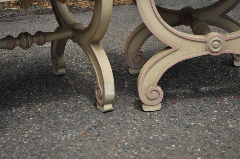 Wood Pair of Italian Regency Style Curule X-Frame Benches Pink and Cream Stool