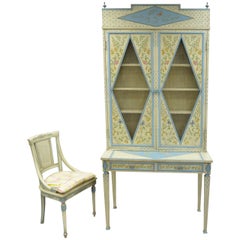 Vintage Custom Painted Italienisch Französisch Regency Style Tall Secretary Desk & Stuhl