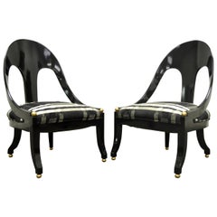 Pair of Michael Taylor for Baker Black Lacquer & Gold Spoon Back Slipper Chairs