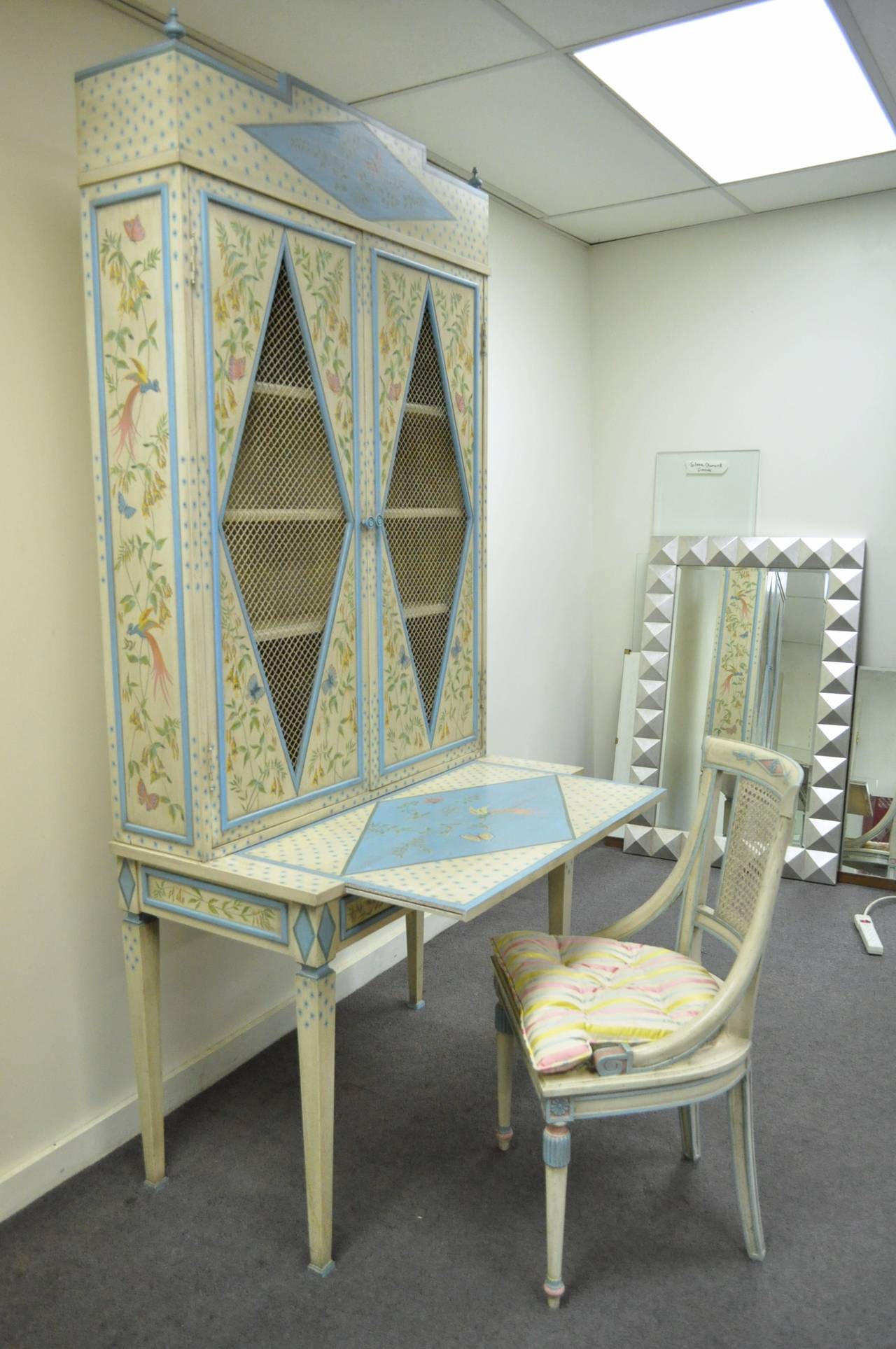 Cane Vintage Custom Painted Italian French Regency Style Tall Secretary Desk & Chair