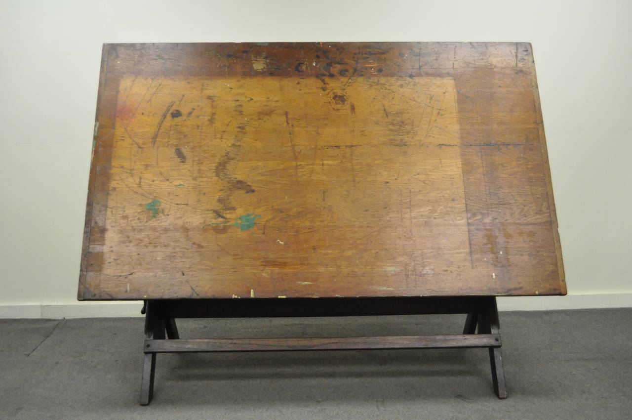 Large Antique American Industrial Oak and Cast Iron Drafting or Dining Table In Distressed Condition In Philadelphia, PA