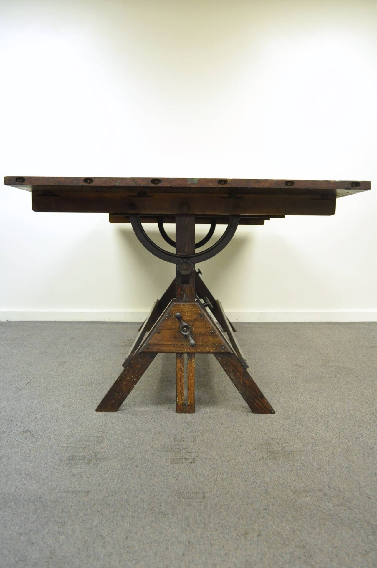 Large Antique American Industrial Oak and Cast Iron Drafting or Dining Table 2