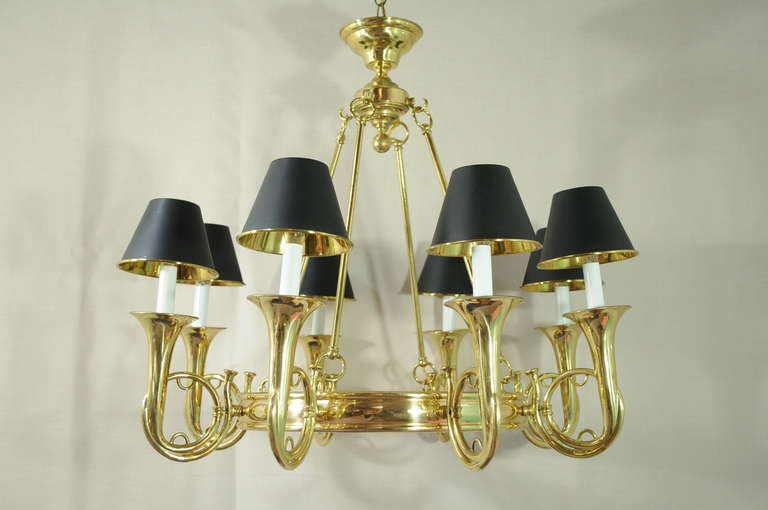 Vintage Brass French Horn / Trumpet Neoclassical Style Tole Shade Chandelier 2