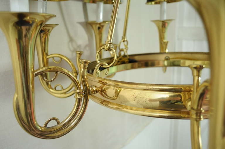 American Vintage Brass French Horn / Trumpet Neoclassical Style Tole Shade Chandelier