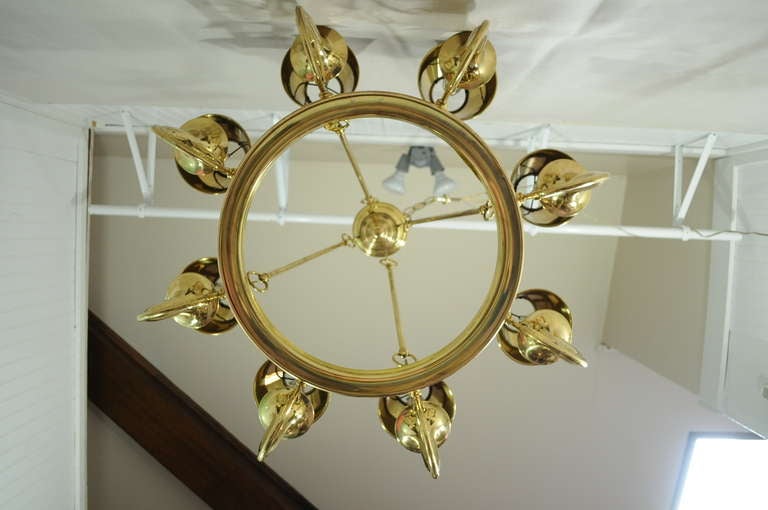 Vintage Brass French Horn / Trumpet Neoclassical Style Tole Shade Chandelier In Good Condition In Philadelphia, PA