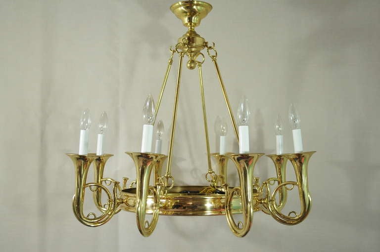 20th Century Vintage Brass French Horn / Trumpet Neoclassical Style Tole Shade Chandelier