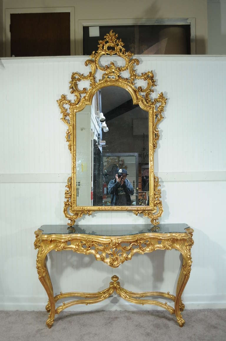 Labarge French Rococo Carved Wood Gold Gilt Marble Console Table & Mirror 5