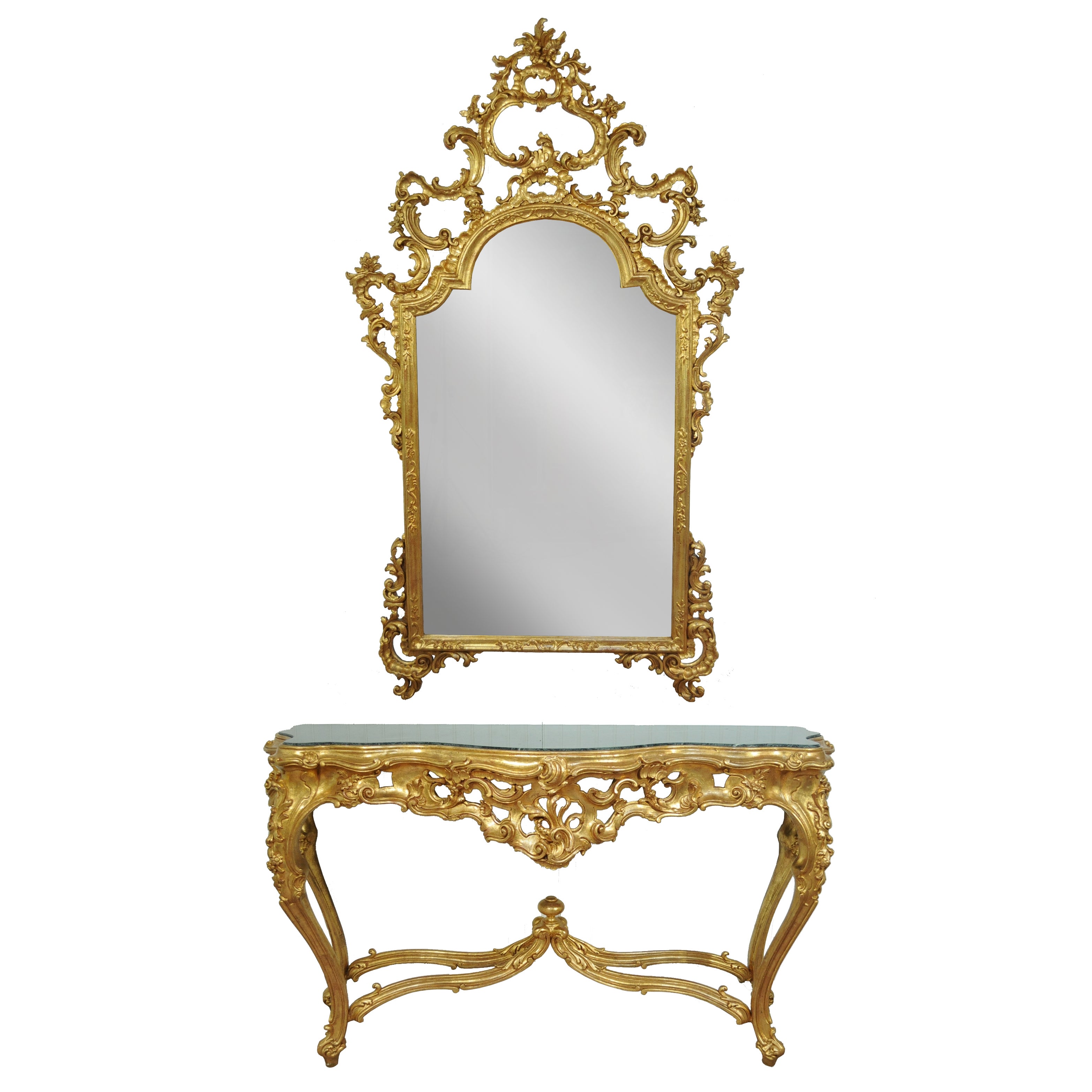 Labarge French Rococo Carved Wood Gold Gilt Marble Console Table & Mirror