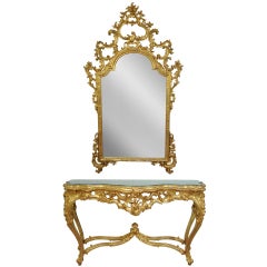 Labarge Table console française rococo en bois sculpté et marbre doré & Miroir