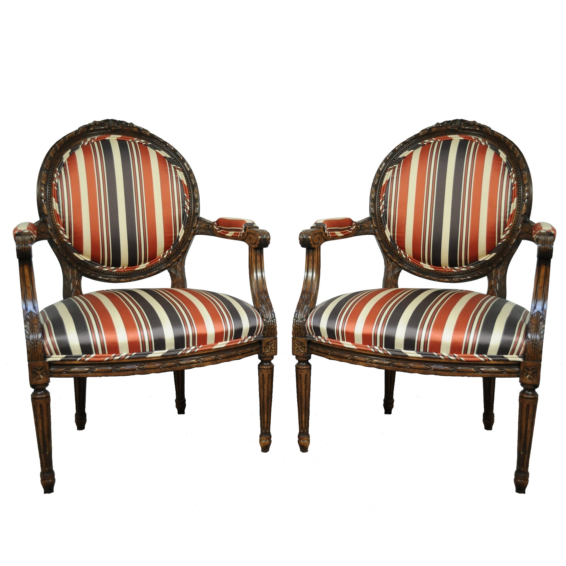 Pair of French Louis XVI Style Carved Wood Round Back Living Room Armchairs