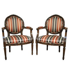 Pair of French Louis XVI Style Carved Wood Round Back Living Room Armchairs