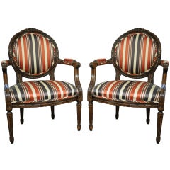 Pair of French Louis XVI Style Carved Wood Round Back Living Room Armchairs 2