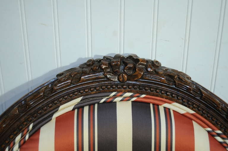 Fabric Pair of French Louis XVI Style Carved Wood Round Back Living Room Armchairs