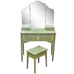 Antique Rare Art Deco Green Celluloid Covered Vanity with Tri Fold Mirror and Bench