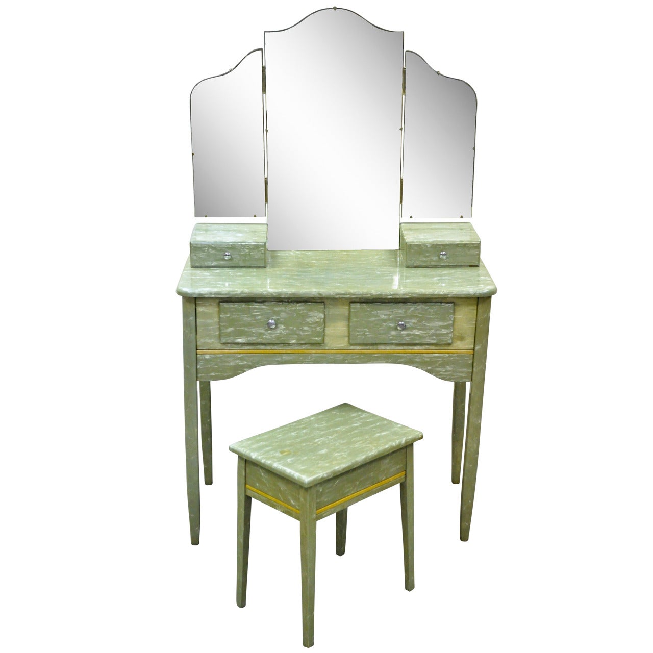Rare Art Deco Green Celluloid Covered Vanity with Tri Fold Mirror and Bench
