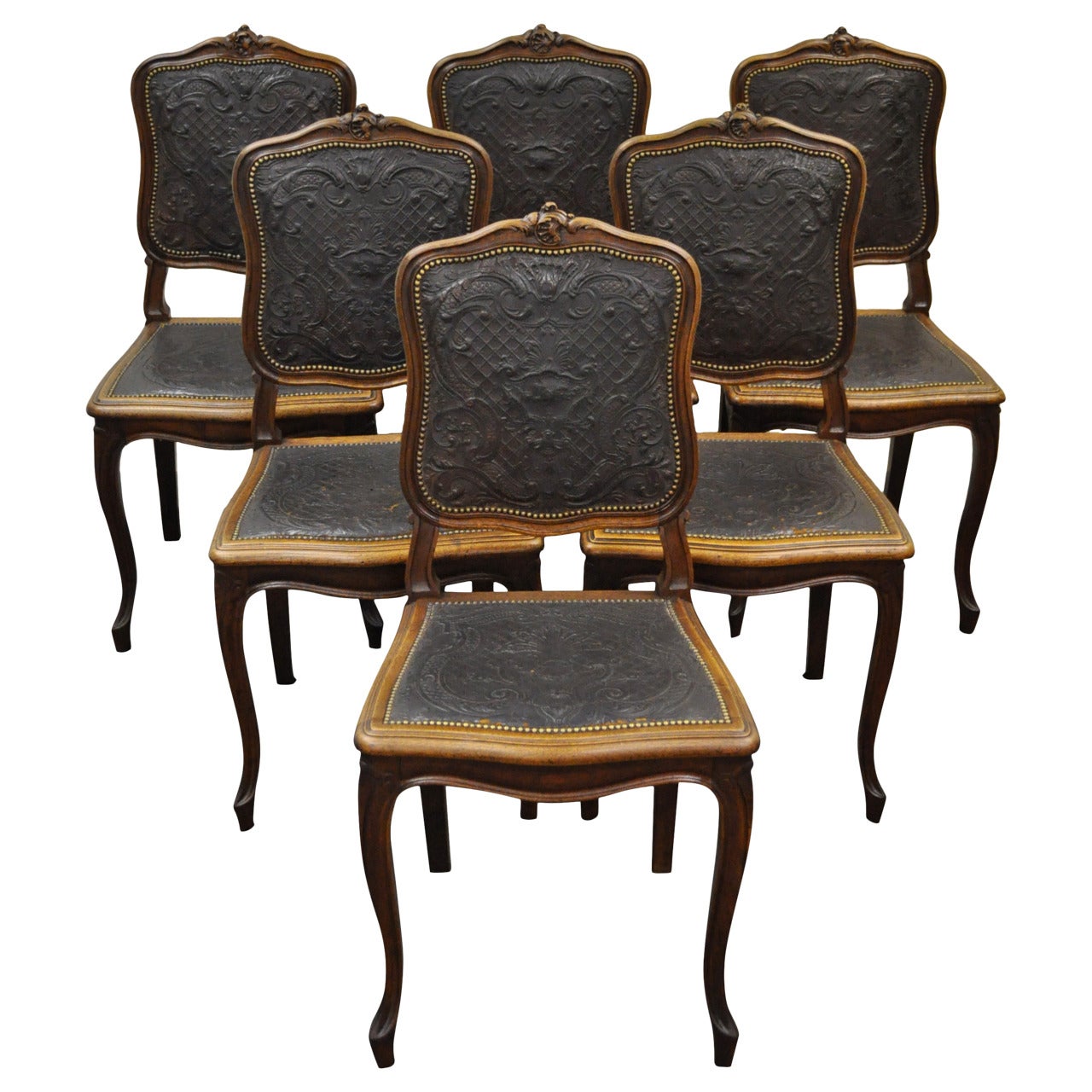 Six Early 20th C. French Louis XV Style Embossed Leather Walnut Dining Chairs