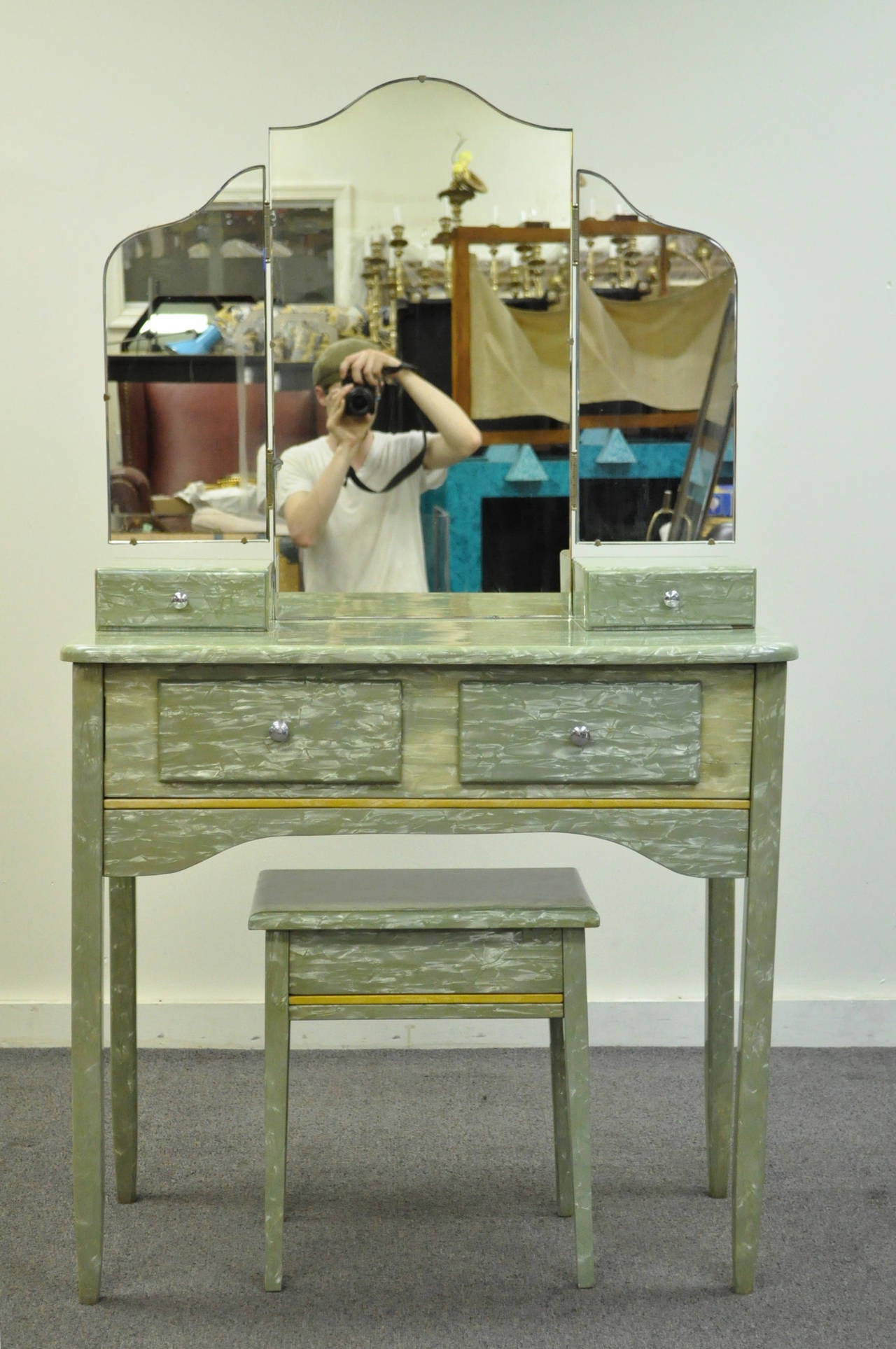 Rare Art Deco Green Celluloid Covered Vanity with Tri Fold Mirror and Bench 1