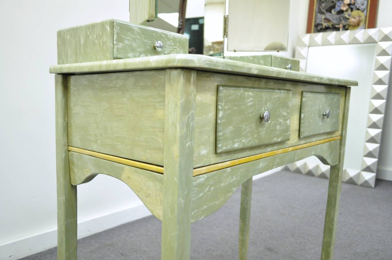 American Rare Art Deco Green Celluloid Covered Vanity with Tri Fold Mirror and Bench