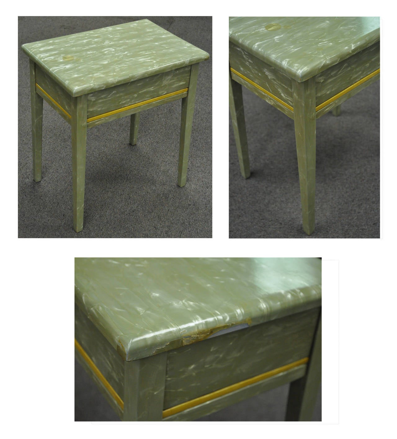 Plastic Rare Art Deco Green Celluloid Covered Vanity with Tri Fold Mirror and Bench