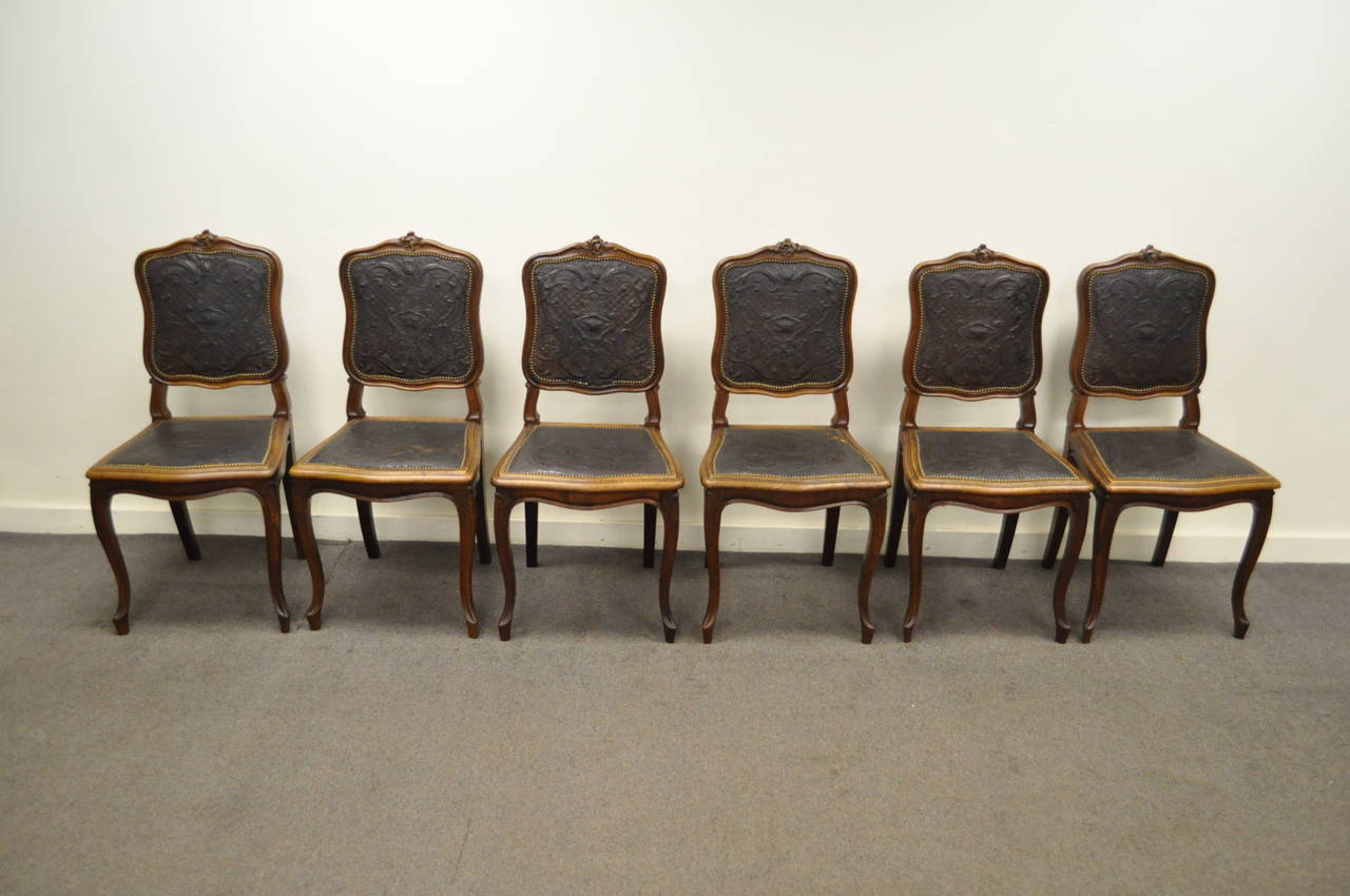 Six Early 20th C. French Louis XV Style Embossed Leather Walnut Dining Chairs 3