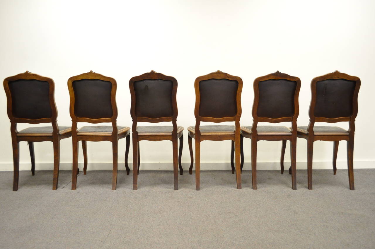 Six Early 20th C. French Louis XV Style Embossed Leather Walnut Dining Chairs In Good Condition In Philadelphia, PA