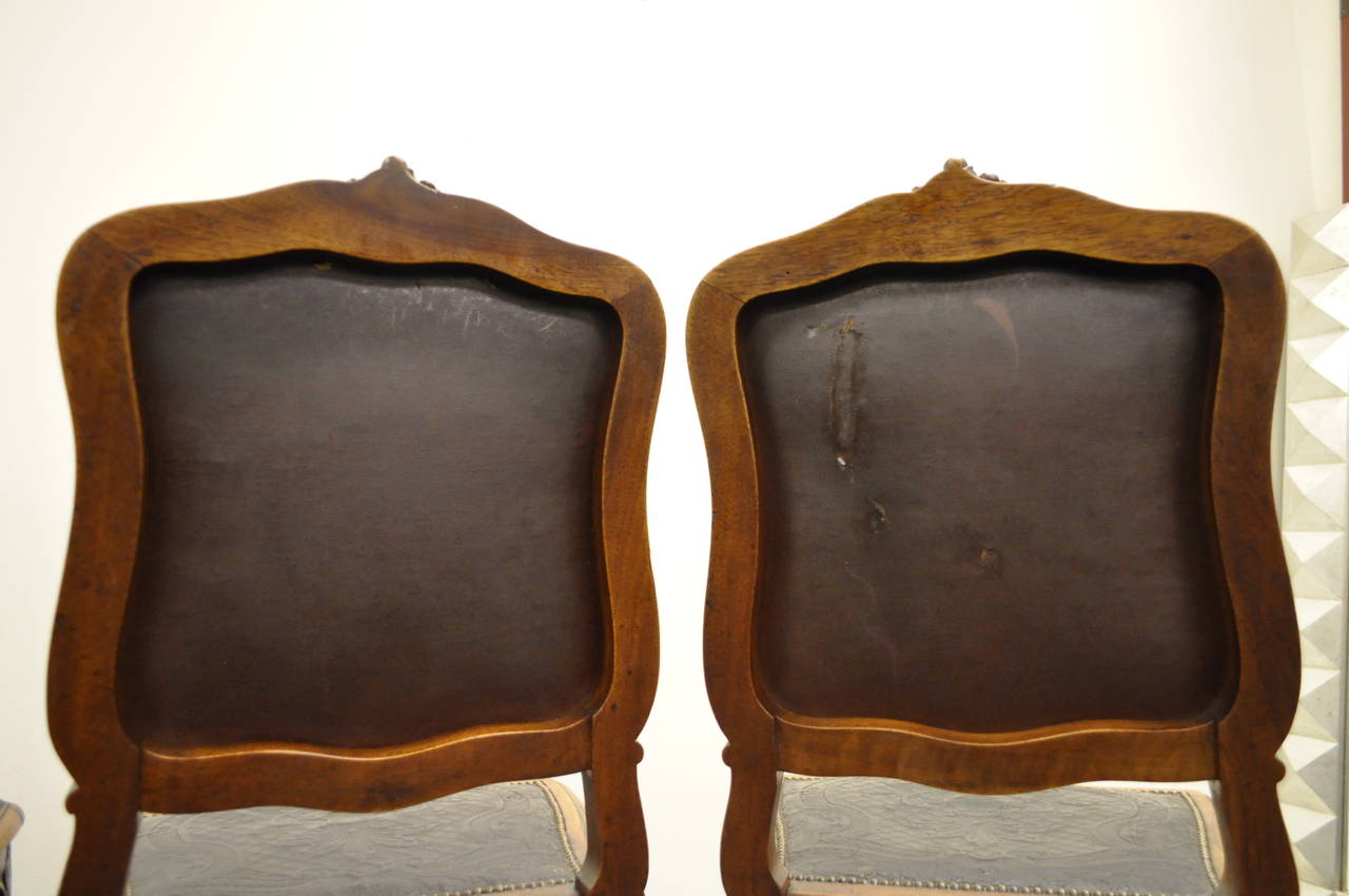 20th Century Six Early 20th C. French Louis XV Style Embossed Leather Walnut Dining Chairs