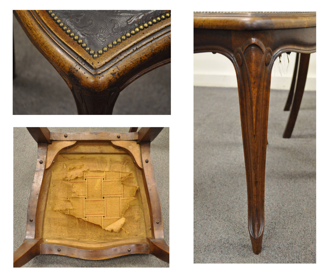Carved Six Early 20th C. French Louis XV Style Embossed Leather Walnut Dining Chairs