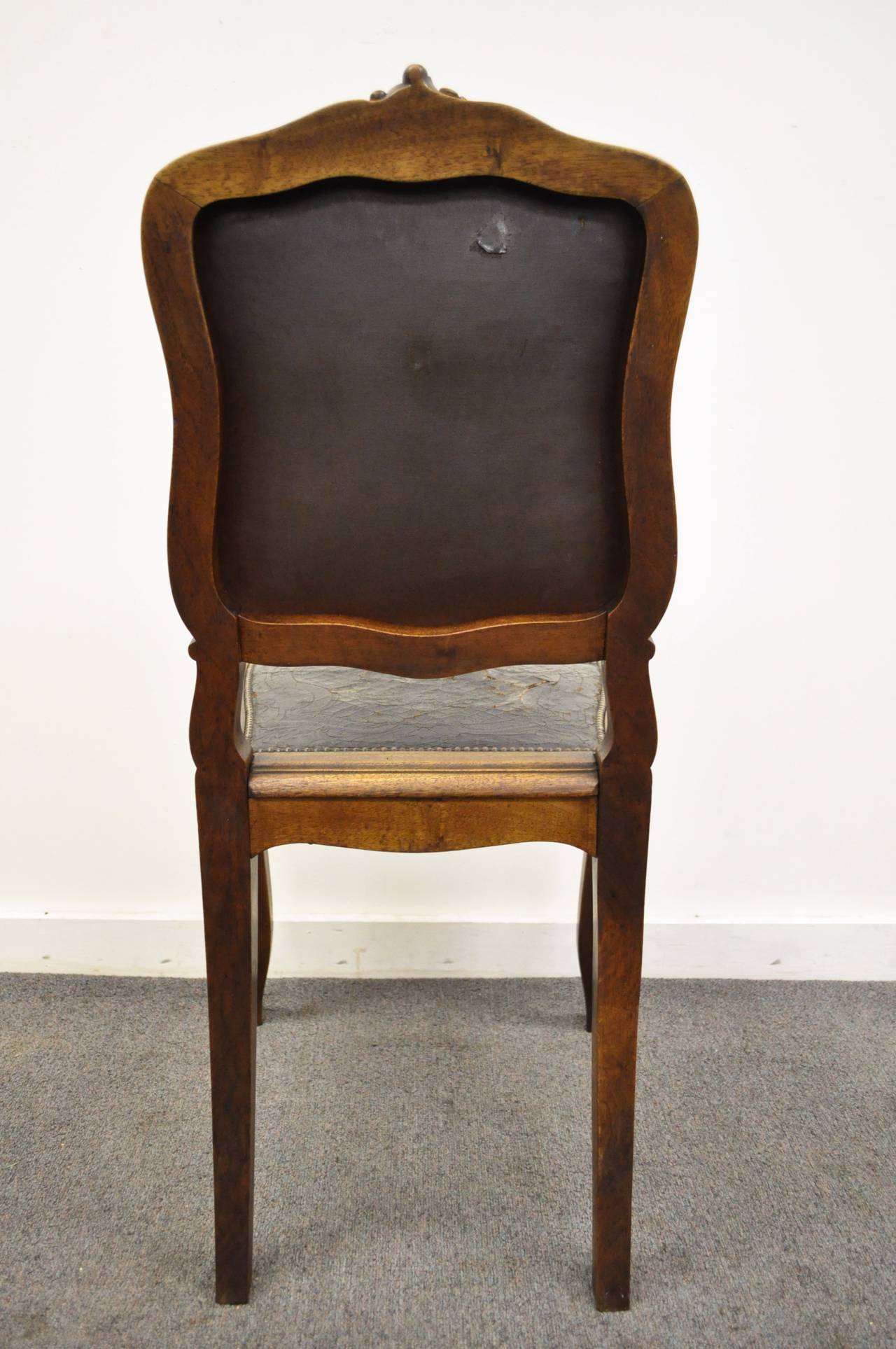 French Louis XV Style Walnut Accent Chair with Embossed Leather Back and Seat 4