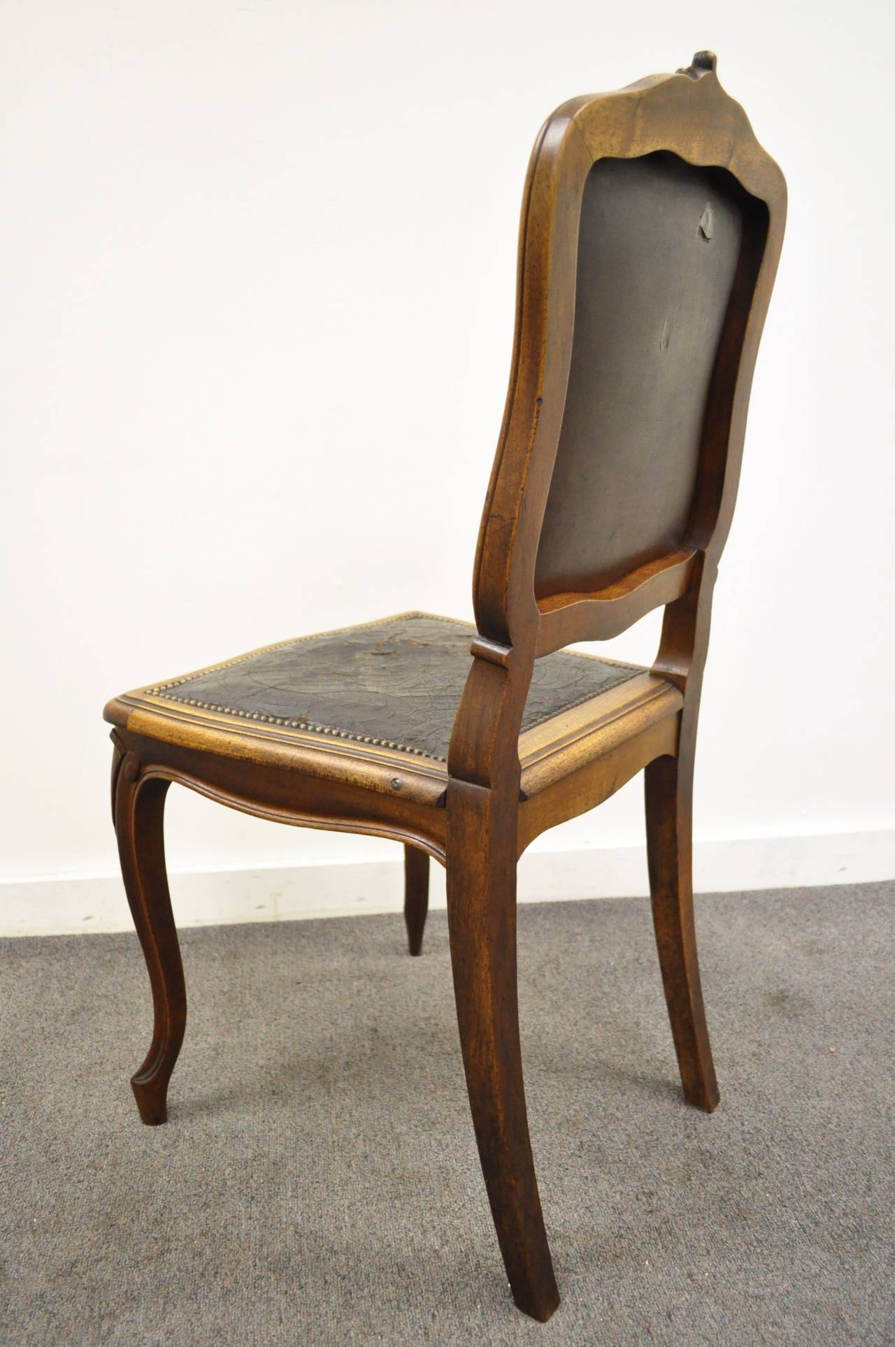 French Louis XV Style Walnut Accent Chair with Embossed Leather Back and Seat 5