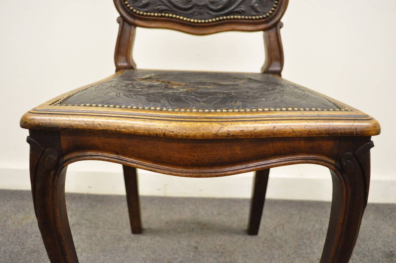 French Louis XV Style Walnut Accent Chair with Embossed Leather Back and Seat 3