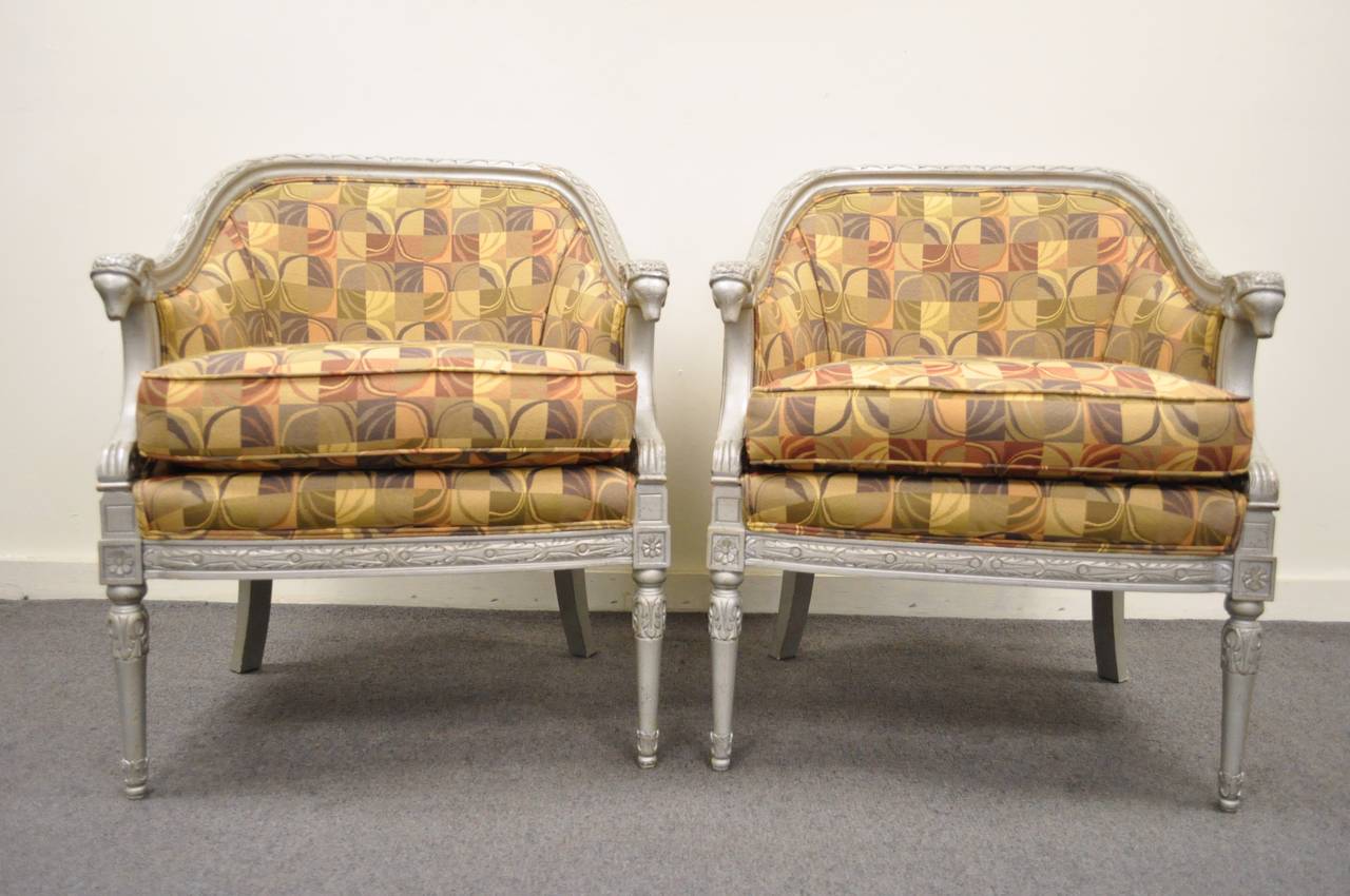 Pair of Stunning Hollywood Regency Silver Rams Head Barrel Back Club Chairs