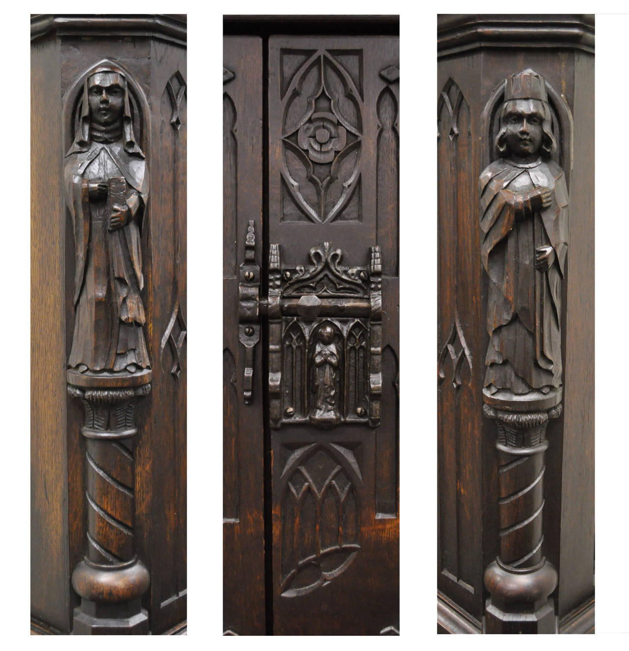 Iron 19th Century Belgian Carved Oak Dry Bar Cabinet Flemish Gothic Revival Figural