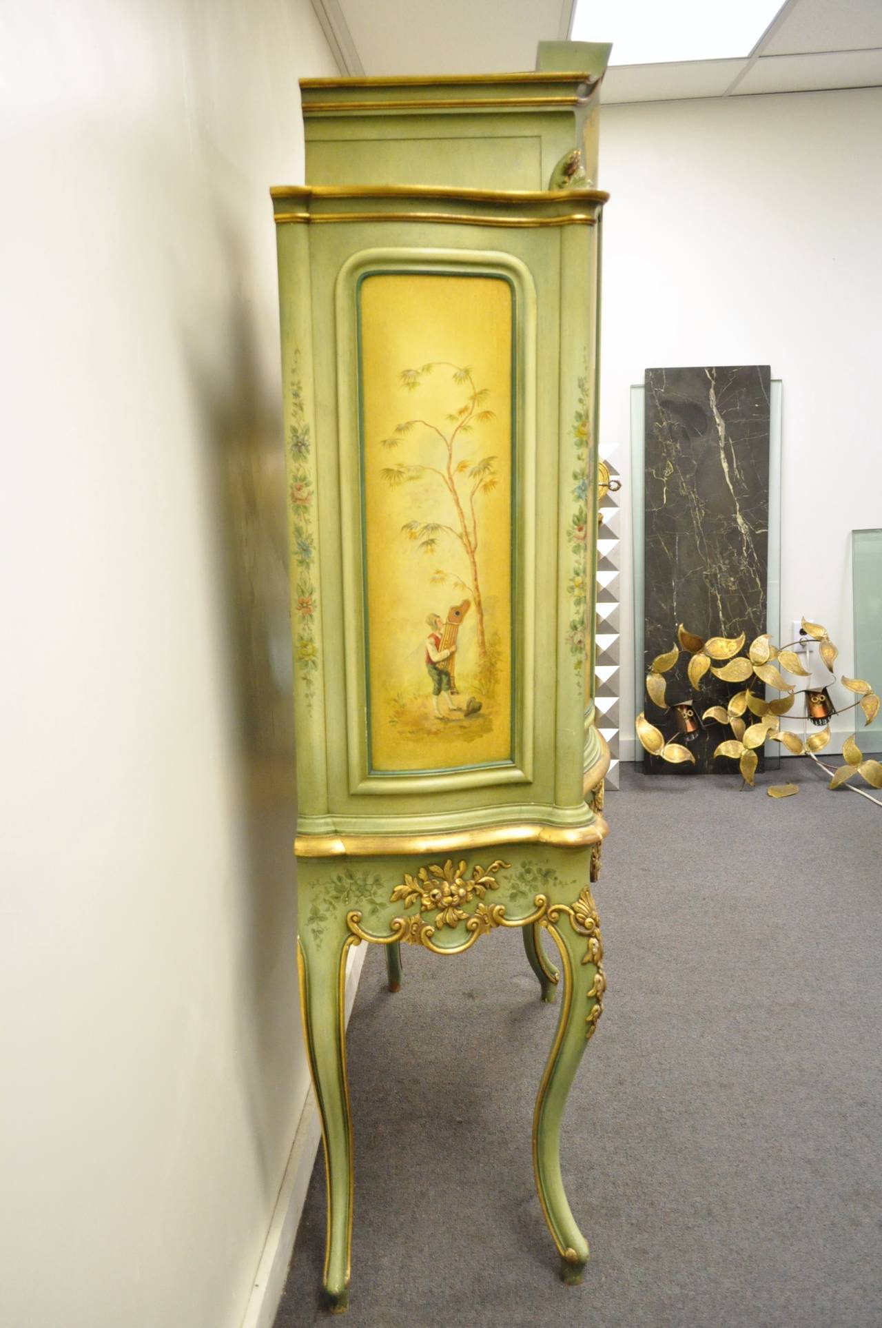 Antique French Louis XV Italian Rococo Style Hand Painted Green Cupboard Cabinet For Sale 2