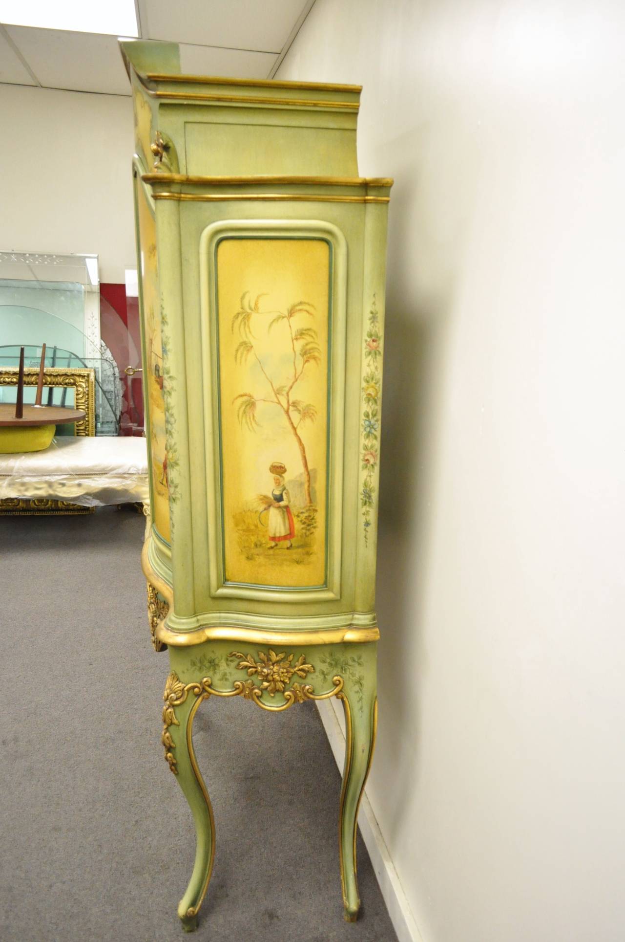 Antique French Louis XV Italian Rococo Style Hand Painted Green Cupboard Cabinet For Sale 4