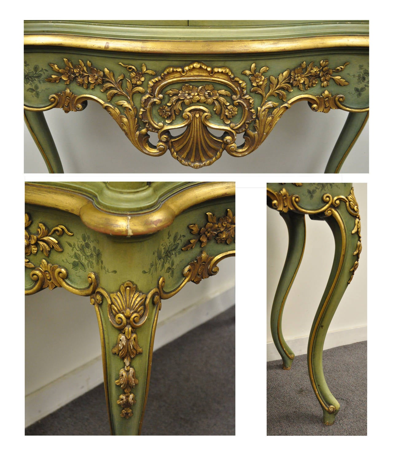 20th Century Antique French Louis XV Italian Rococo Style Hand Painted Green Cupboard Cabinet For Sale