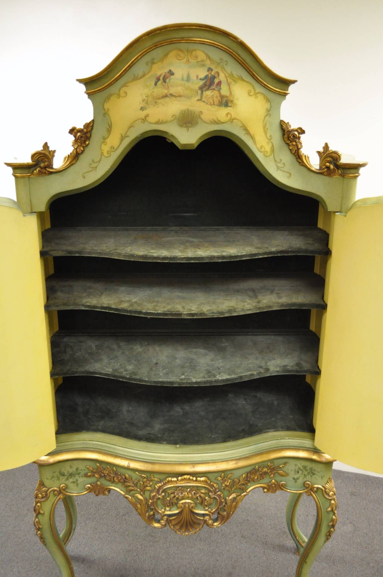 Antique French Louis XV Italian Rococo Style Hand Painted Green Cupboard Cabinet In Good Condition For Sale In Philadelphia, PA