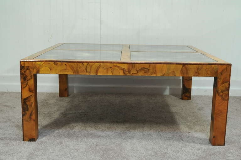 Mid Century Modern Burl Olive Wood Parsons Coffee Table Milo Baughman attr.