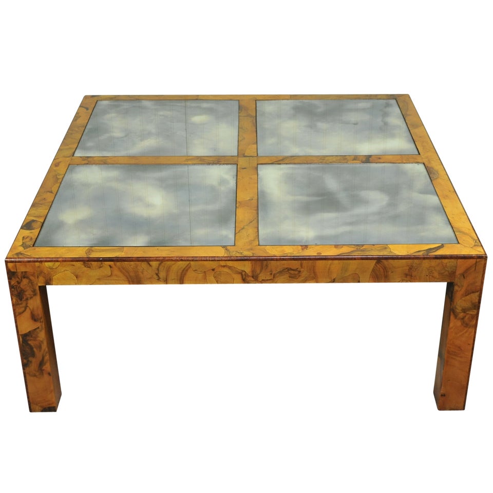 Mid Century Modern Burl Olive Wood Parsons Coffee Table Milo Baughman attr.