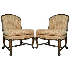 Pair of Vintage French Louis XV Style Carved Walnut Slipper Lounge Chairs
